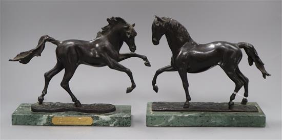 James Osborne. A pair of limited edition bronze horses, signed J. Osborne, one with a metal plaque to the marble base reading Byerley
